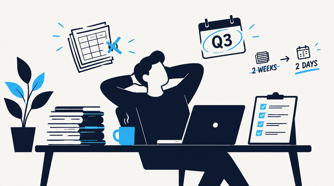 Flare output: an office illustration with Q3, 2 WEEKS and 2 DAYS rendered inside the image despite the instruction to omit typography.