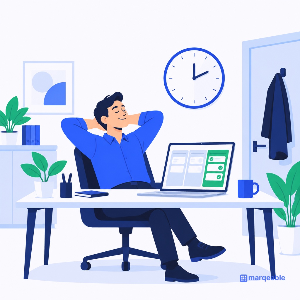 Variant A: an operations manager relaxing at a desk with all tasks done and a clock showing early afternoon.