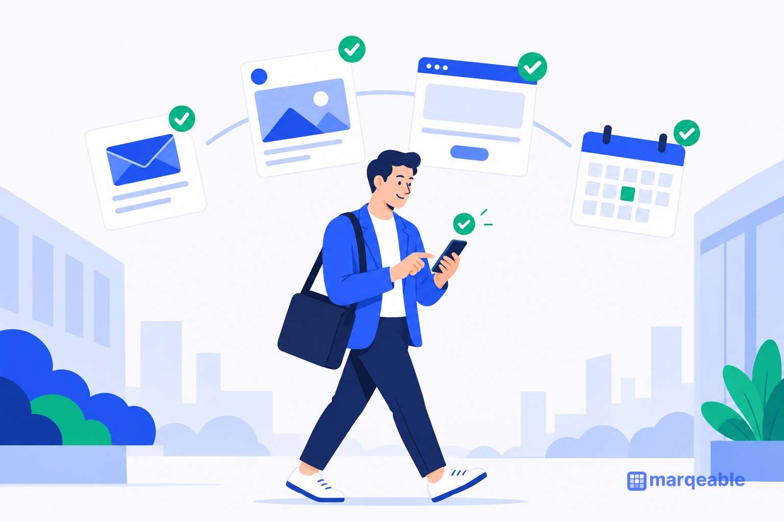 Flat blue illustration of a founder walking between meetings, tapping approve on a phone while an email, a social post, a landing page and a calendar float behind, each with a green check.