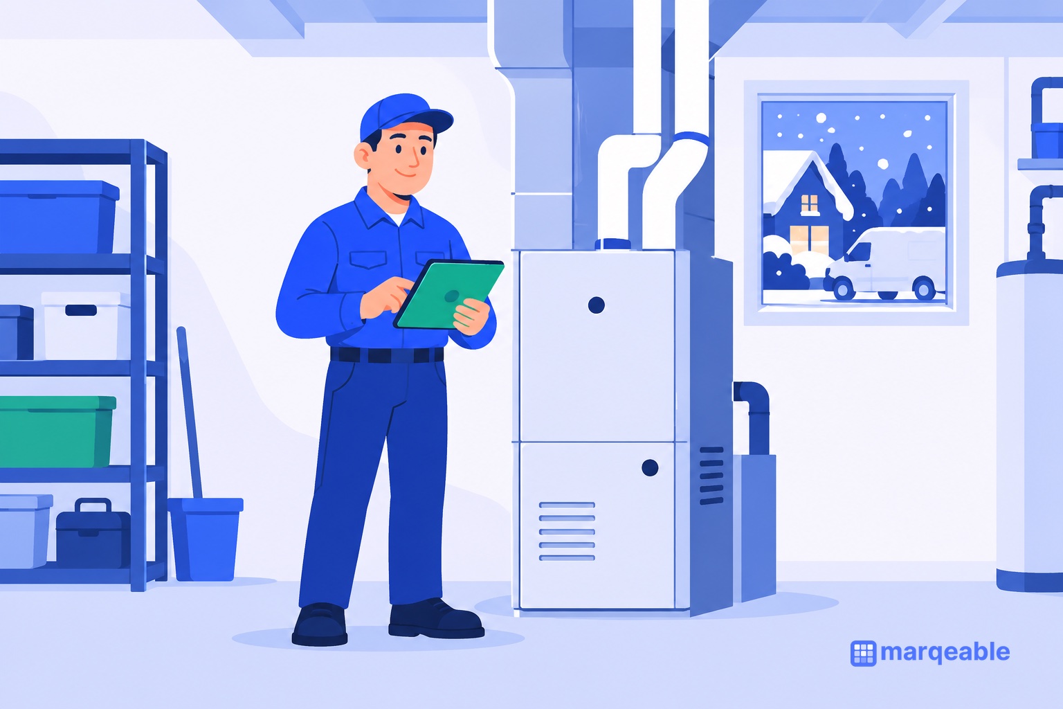 Illustration of an HVAC technician with a tablet beside a furnace in a tidy basement, snow falling outside the window and a service van parked beyond.