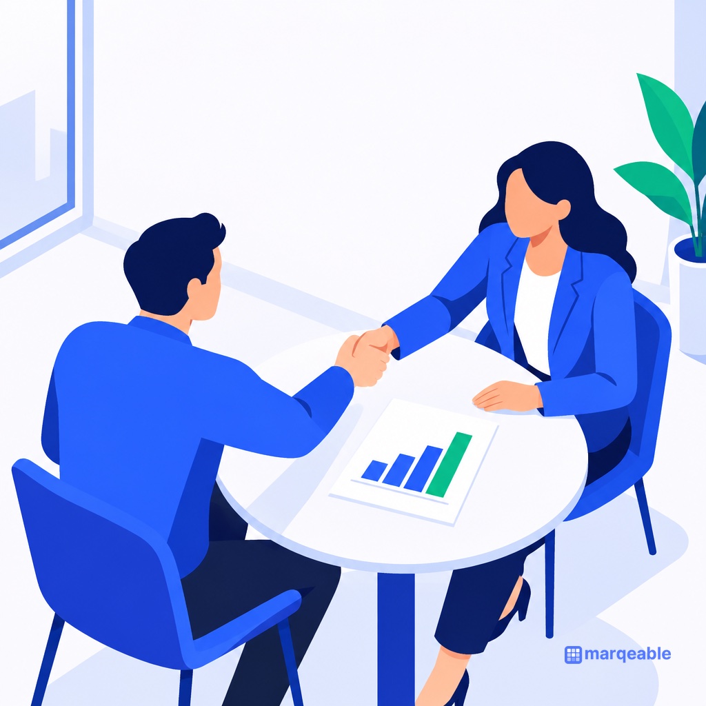 Square illustration of two people shaking hands across a round table, with a printed report showing a rising bar chart between them.