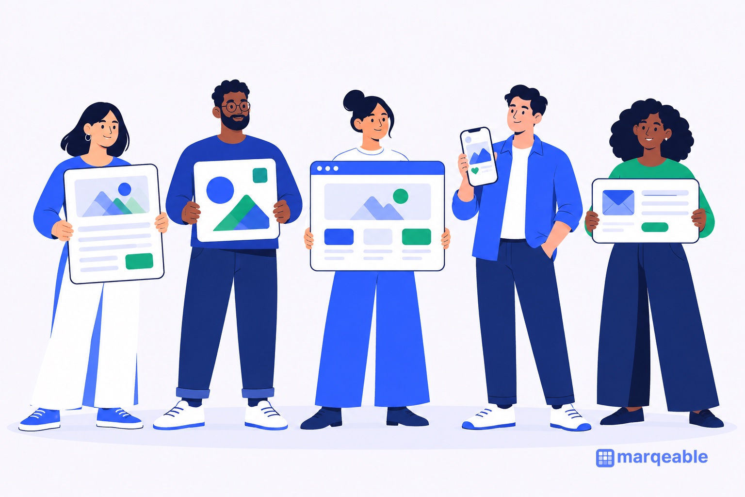 Flat blue illustration of five different marketers standing in a row, each holding up a finished piece: a blog page, an ad, a landing page, a phone with a social post, and an email.
