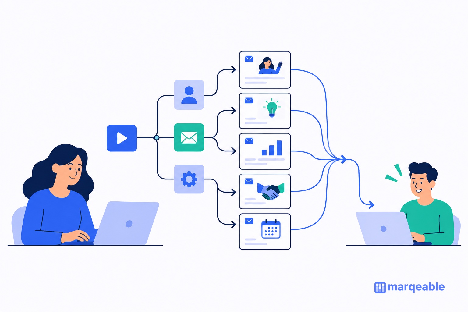 Flat illustration of a marketing ops person at a laptop whose workflow nodes branch into five email cards, each with its own header illustration, flowing to a pleased customer at a laptop.