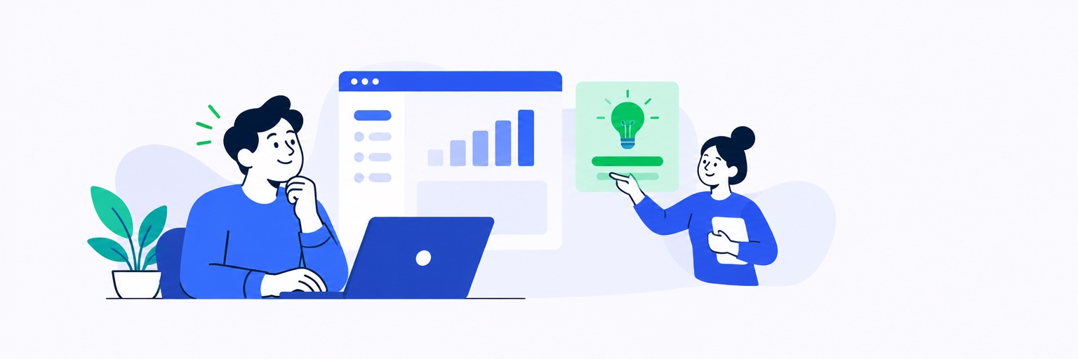 Wide email header illustration of a new trial user smiling at a dashboard with their first report while a guide points to a highlighted next-step card with a lightbulb.