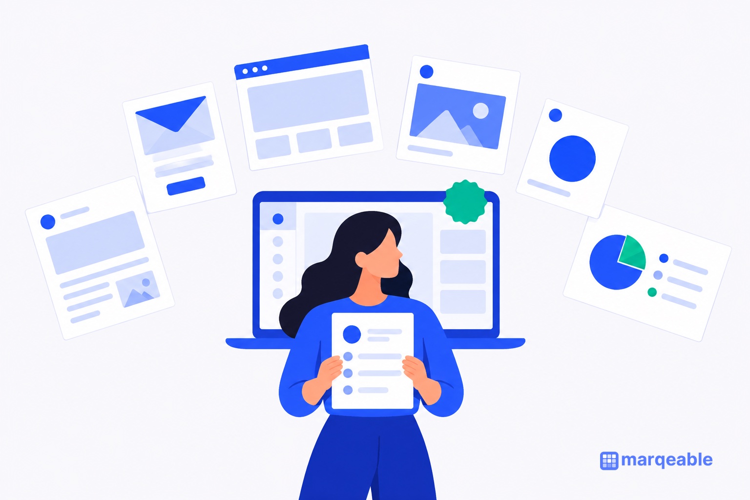 Flat blue illustration of a product marketer holding a one-page brief, with six matching launch assets fanned out behind her and a software dashboard with a green new-feature badge.