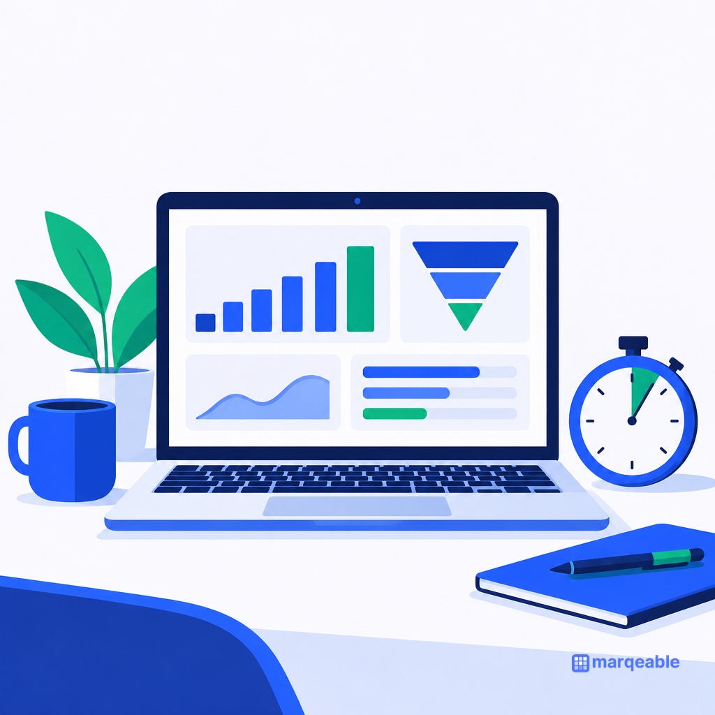 Square illustration of a laptop showing a finished analytics dashboard with bar charts and a funnel, beside a stopwatch with only a small green arc of elapsed time.