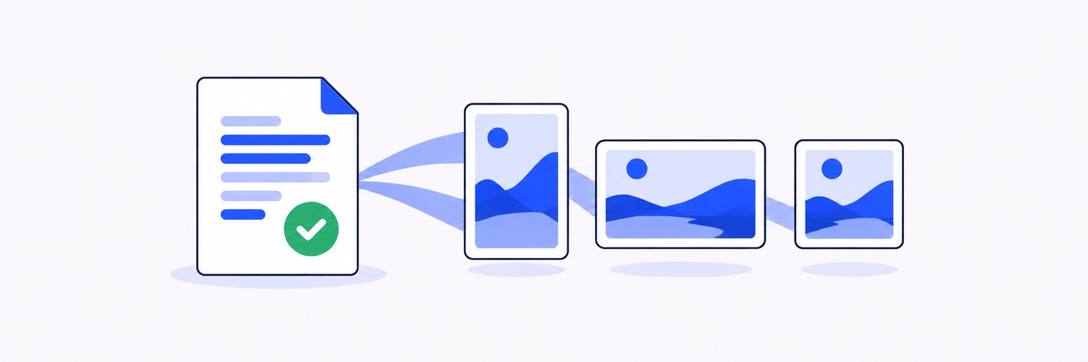 Wide email header illustration: one approved page with a green check mark, with three matching framed pictures unfolding from it in a row.
