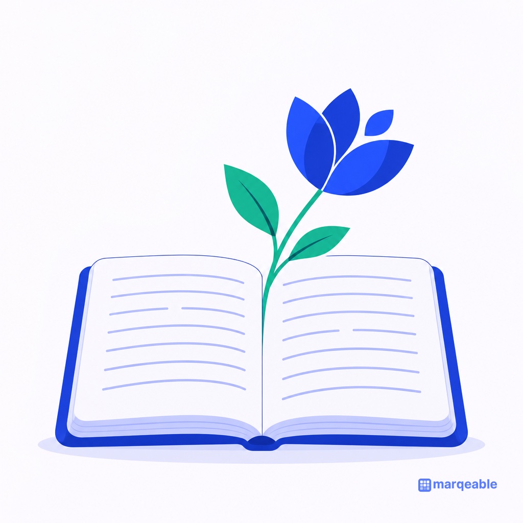 Square illustration of an open notebook with a blue geometric flower growing out of the page.