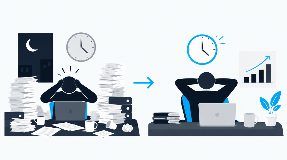 Sunburst output: a before-and-after office illustration using paperwork, clocks and faceless figures, without readable words or numerals.